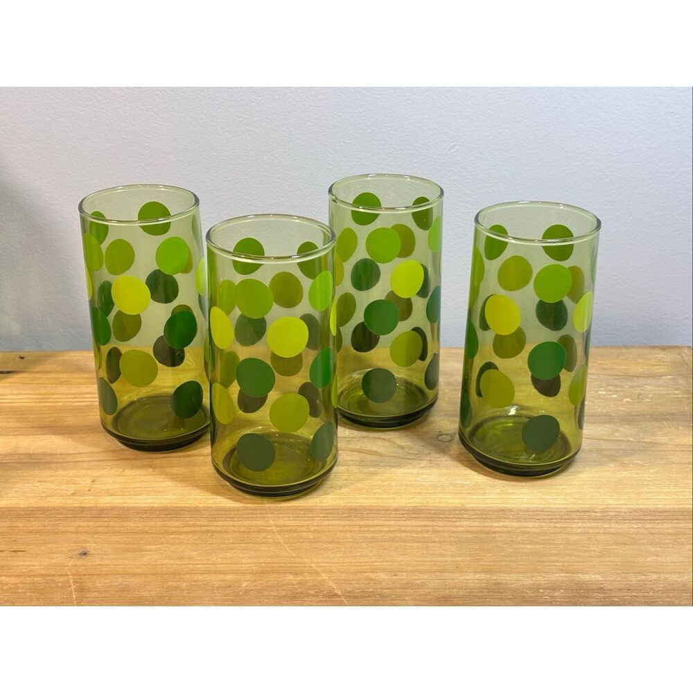 Vintage 1970s green polka dot highball glasses set of 4